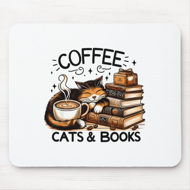 Mousepad Funny Cute Coffee Cats Books Lover Women Men Kids  (Frente)