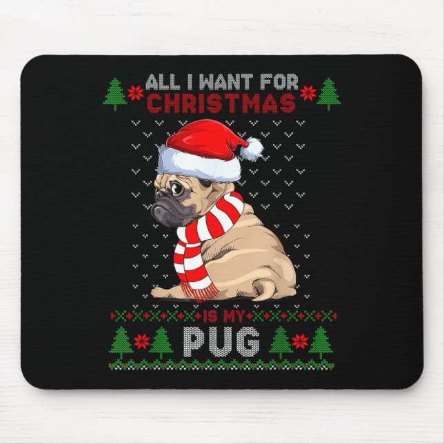 Mousepad Funny Dog Lovers Cute Pug Santa Hat Ugly Christmas (Frente)