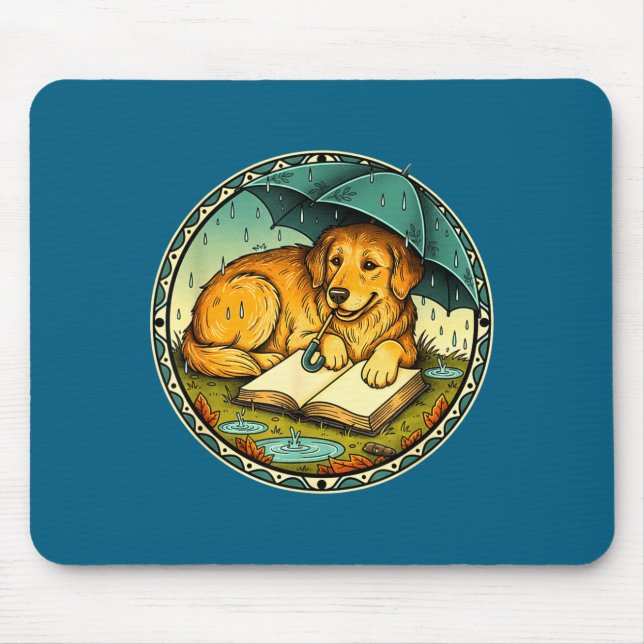 Mousepad Funny Dog Reading Book Rain Cozy Umbrella Cute Art (Frente)