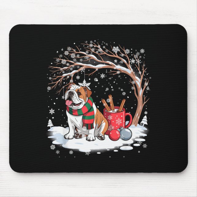 Mousepad Funny English Bulldog In The Snow Tree Christmas W (Frente)