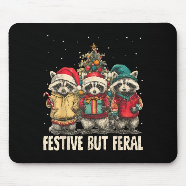 Mousepad Funny Feral But Festive Christmas Raccoons Xmas Ho (Frente)