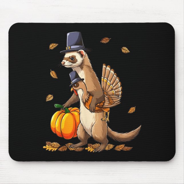 Mousepad Funny Ferret Turkey Pumpkin Thanksgiving Gift Men  (Frente)