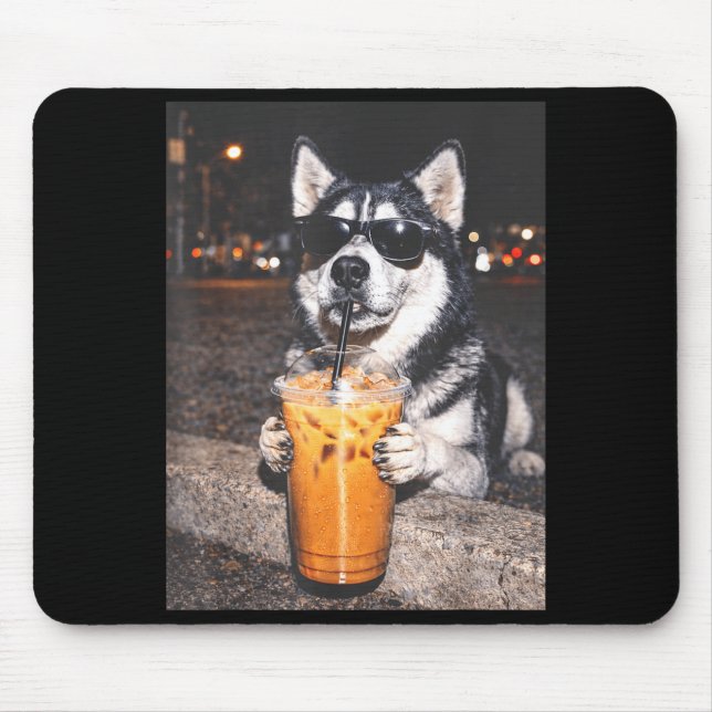 Mousepad Funny Husky Drinking Iced Coffee Siberian Husky (Frente)