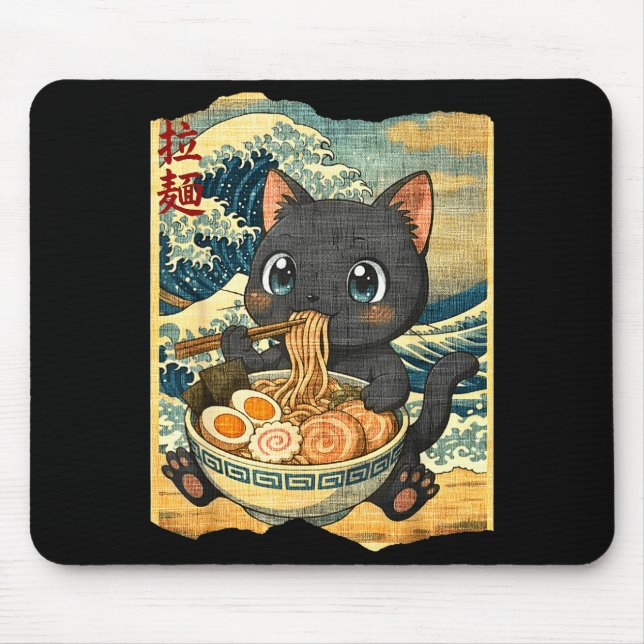 Mousepad Funny Kawaii Black Cat Ramen Noodle Bowl Japanese  (Frente)