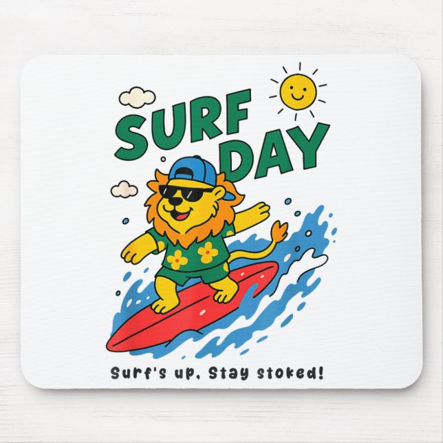 Mousepad Funny Lion Surfing Summer Vacation Surf Day Boys G (Frente)