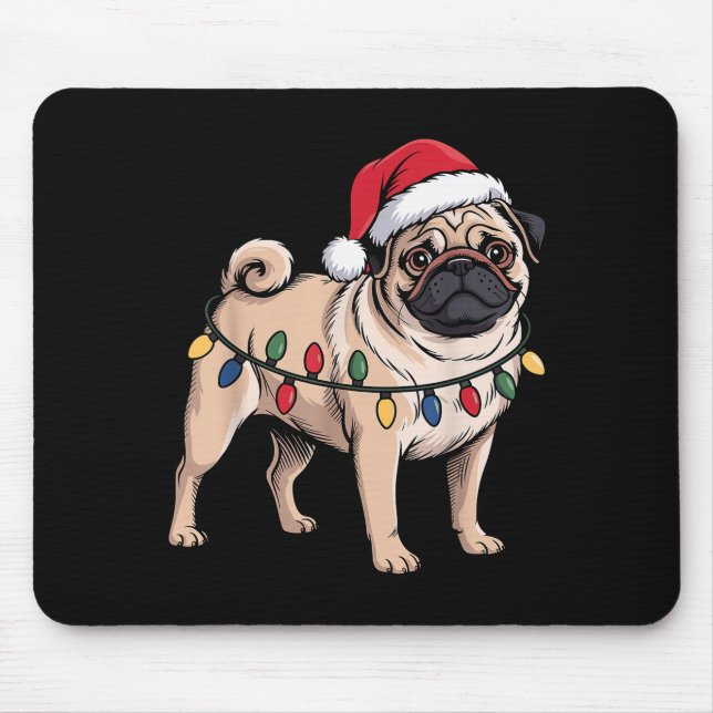 Mousepad Funny Pug Christmas Santa Hat Xmas Lights  (Frente)