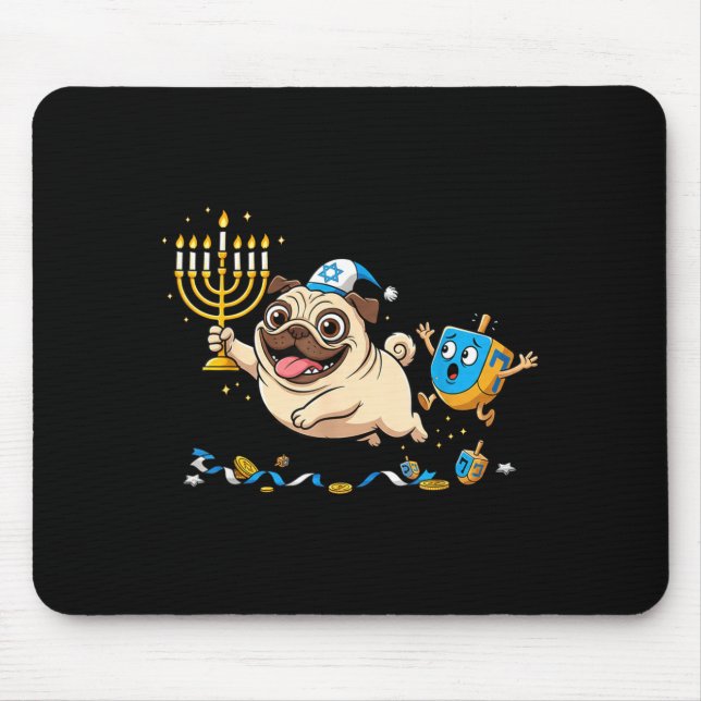 Mousepad Funny Pug Dreidel Menorah Hanukkah Kids Womens Men (Frente)