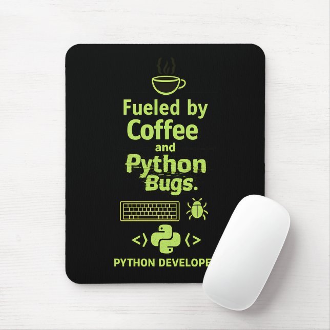 Mousepad Funny Python Developer – Fueled by Coffee bugs  (Com mouse)
