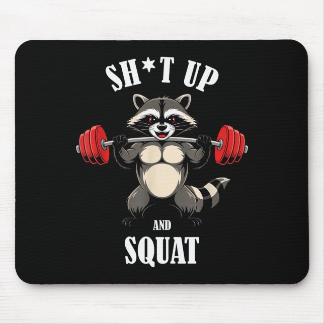 Mousepad Funny Raccoon Fitness Squating Workout Weightlifti (Frente)