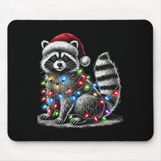 Mousepad Funny Raccoon Santa Hat Christmas Tree Lights Paja (Frente)