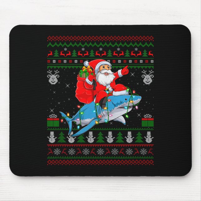 Mousepad Funny Santa Riding Shark Ugly Christmas Sweaters S (Frente)