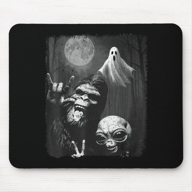 Mousepad Funny Sasquatch &amp; Alien Rock On Hand Sign Ghos (Frente)