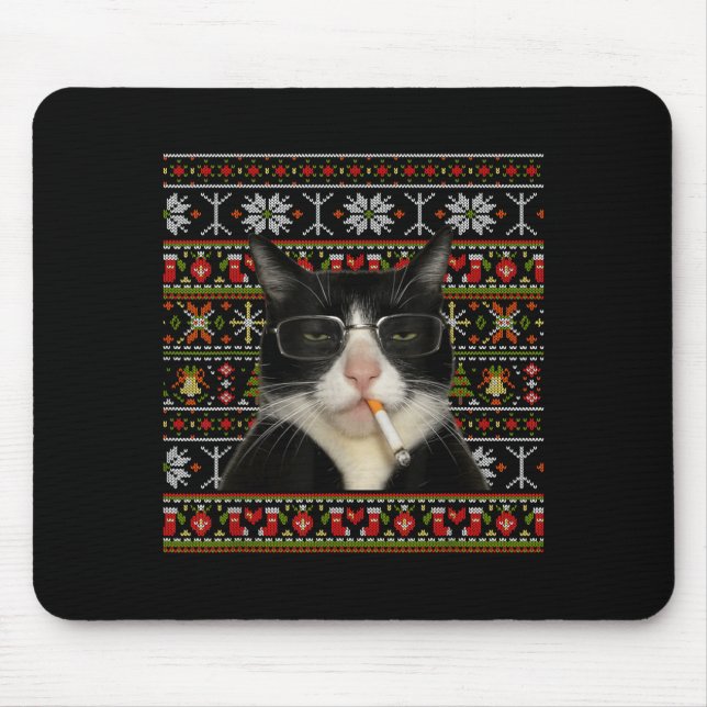 Mousepad Funny Smoking Cat Meme Christmas Ugly Sweater Cat  (Frente)