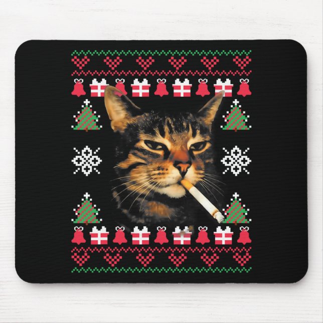 Mousepad Funny Smoking Cat Meme Ugly Christmas Sweater For  (Frente)