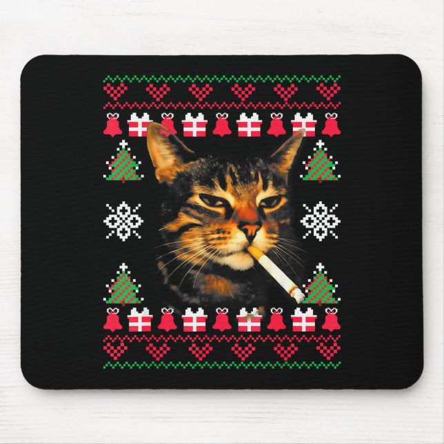 Mousepad Funny Smoking Cat Meme Ugly Christmas Sweater For  (Frente)