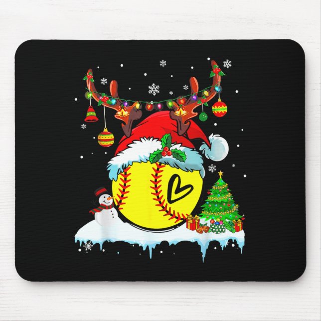 Mousepad Funny Softball Christmas Reindeer Santa Hat Lights (Frente)