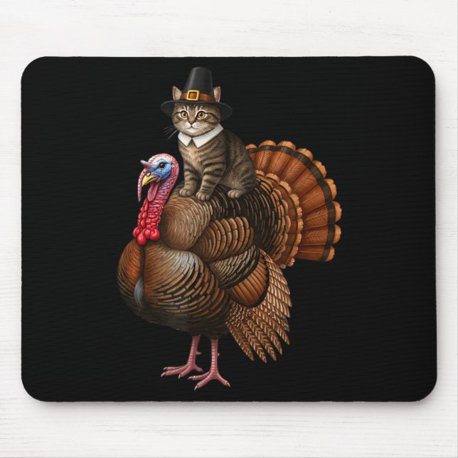 Mousepad Funny Thanksgiving Cat On Turkey, Lgrim Hat Turkey (Frente)