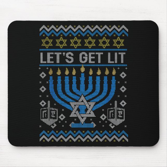 Mousepad Funny Ugly Hanukkah Sweater Lets Get Lit Menorah J (Frente)