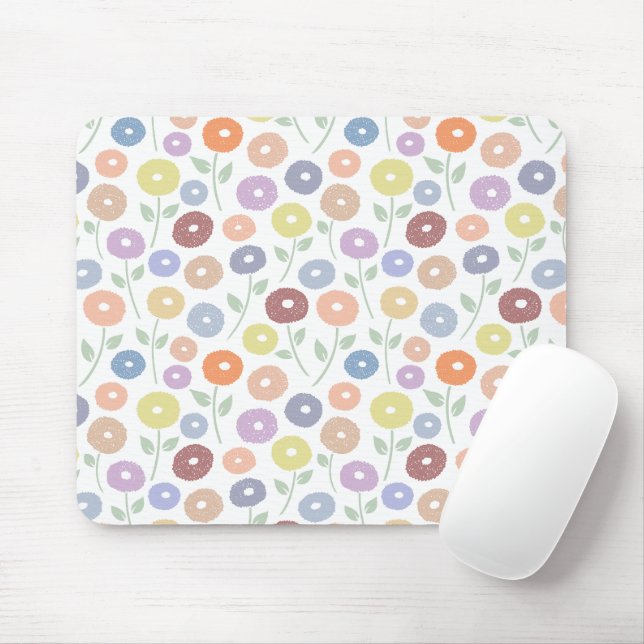 Mousepad Fuzzy Flower Pattern Pastels on White (Com mouse)