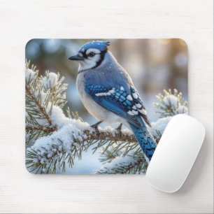 Mousepad Gaio-azul Empoleirado em um Pinheiro Nevado
