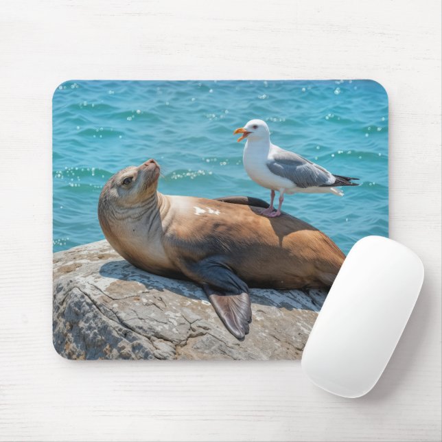 Mousepad Gaivota perfurada em um leão marinho (Com mouse)