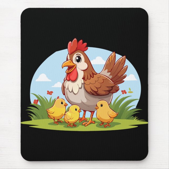 Mousepad galinha mãe e pequenos pintinhos amarelos (Frente)