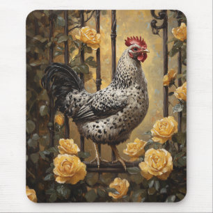 Mousepad Galinha Malhada com Rosas Amarelas Pintura a Óleo