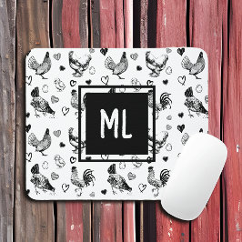 Mousepad Galinhas de desenho brancas e pretas monogramas