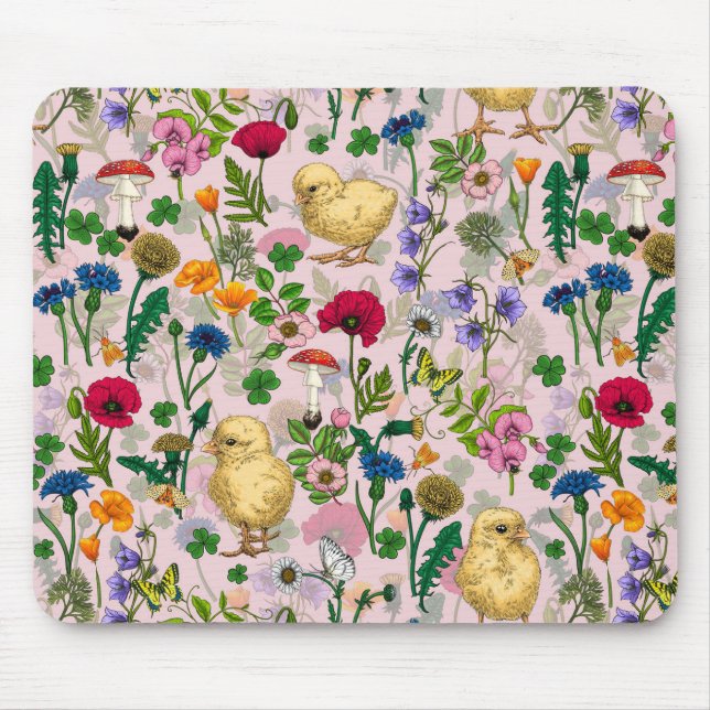 Mousepad Galinhas e flores silvestres, de algodão, cor-de-r (Frente)