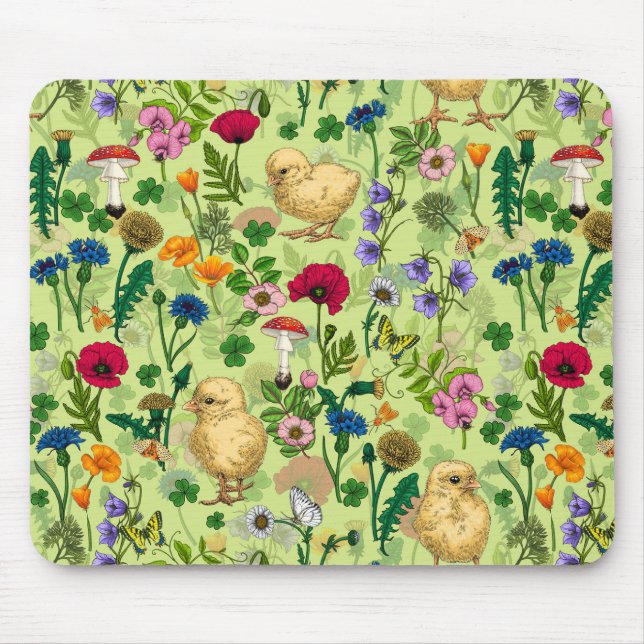 Mousepad Galinhas e flores silvestres em verde-orvalho (Frente)