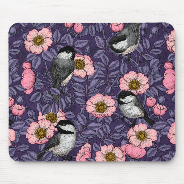 Mousepad Galinhas na rosa selvagem de rosa e violeta (Frente)
