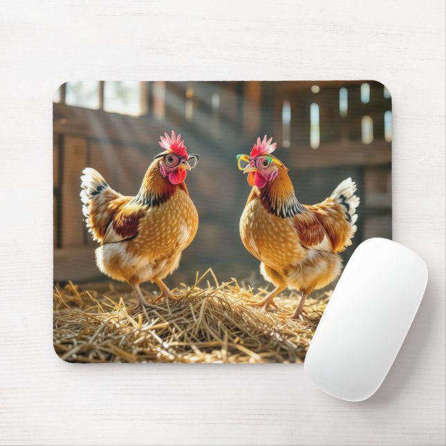 Mousepad Galinhas Vestindo óculos em um celeiro ensolarado (Com mouse)