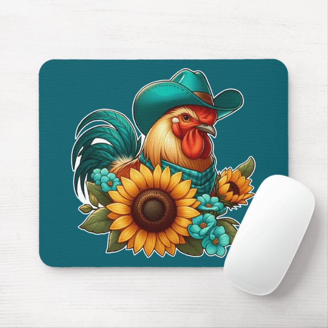 Mousepad Galo Com Chapéu Azul e Girassóis  (Com mouse)