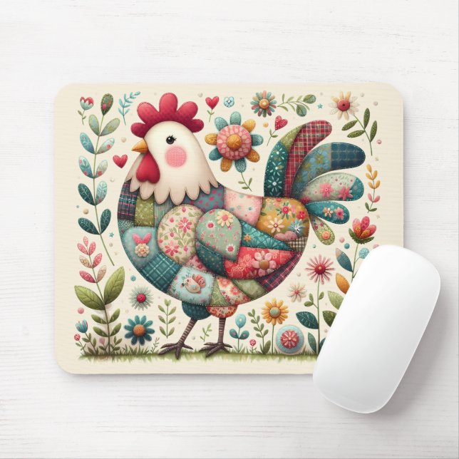 Mousepad Galo de Patchwork Folclórico com Acentos Florais (Com mouse)
