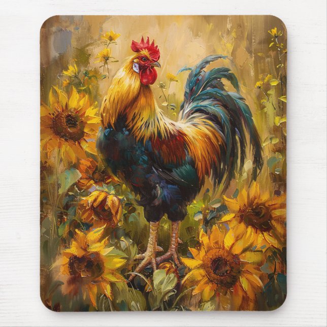 Mousepad Galo e Girassóis - Pintura a óleo (Frente)