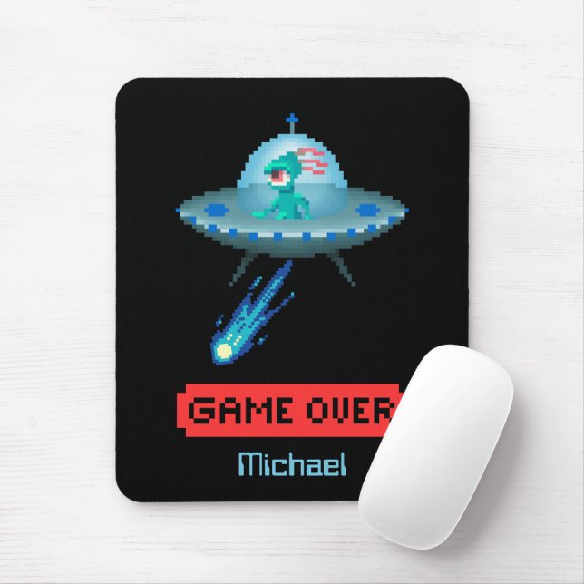 Mousepad 'Game Over' Alien Voando UFO Espaçonave, Pixel Art (Com mouse)