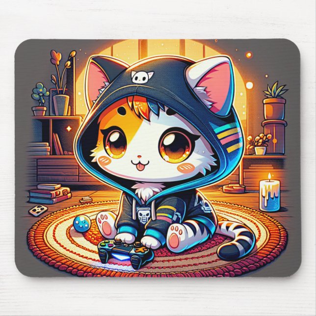Mousepad Gamer Cat Cozy em um Hoodie (Frente)