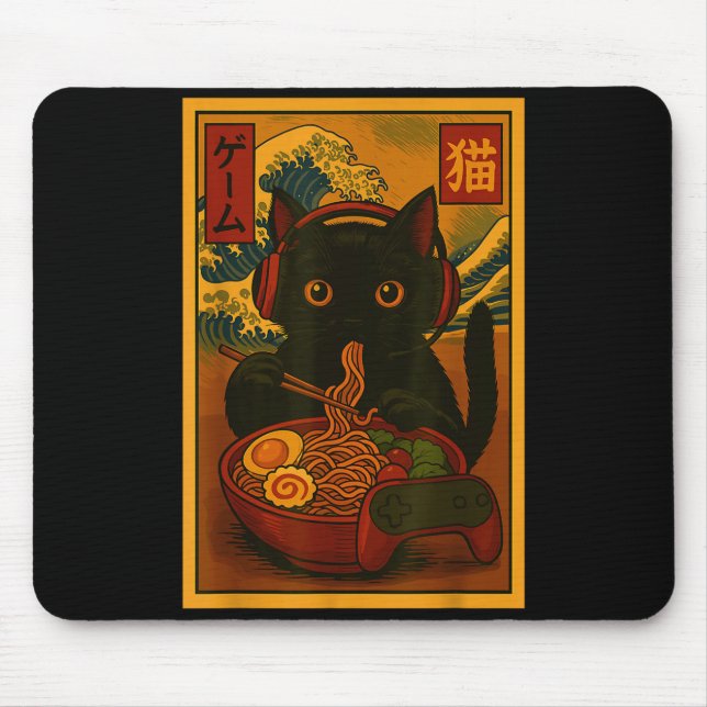 Mousepad Gamer Cat Eating Ramen Japanese Style  (Frente)