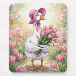 Mousepad Ganso Branco Com Tulipas Rosas