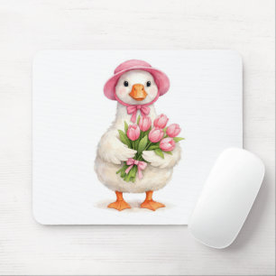 Mousepad Ganso Branco Segurando Buquê de Tulipas Rosa