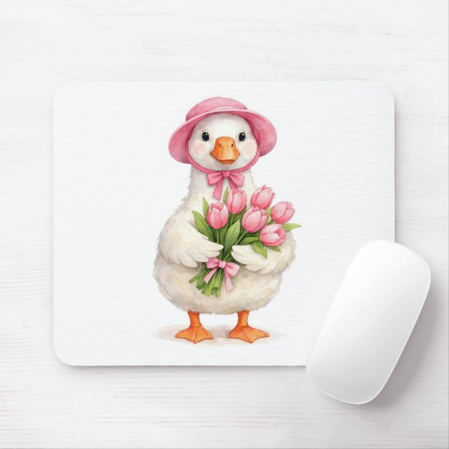 Mousepad Ganso Branco Segurando Buquê de Tulipas Rosa (Com mouse)