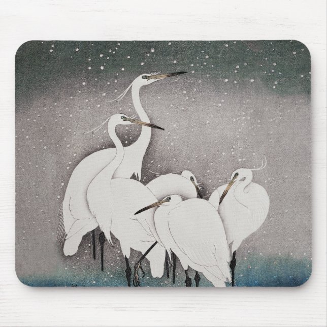 Mousepad Garças Koson na Neve: Japonês Vintage (Frente)