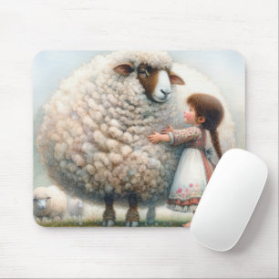 Mousepad Garota abraçando uma ovelha grande