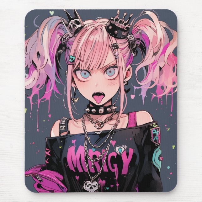 Mousepad Garota Anime Rocker Punk Rosa (Frente)