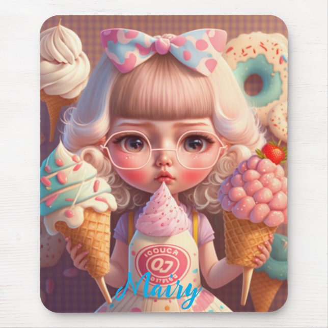 Mousepad Garota bonita Kawaii com sorvetes (Frente)