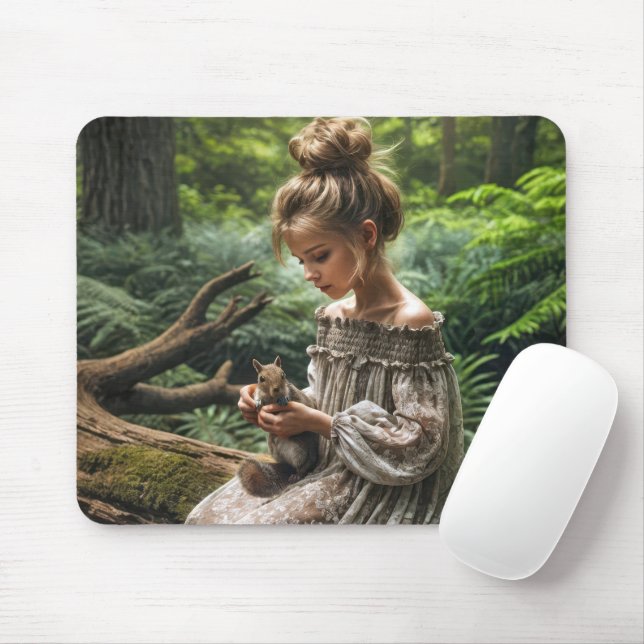 Mousepad Garota Com Esquilo Em Woodland (Com mouse)
