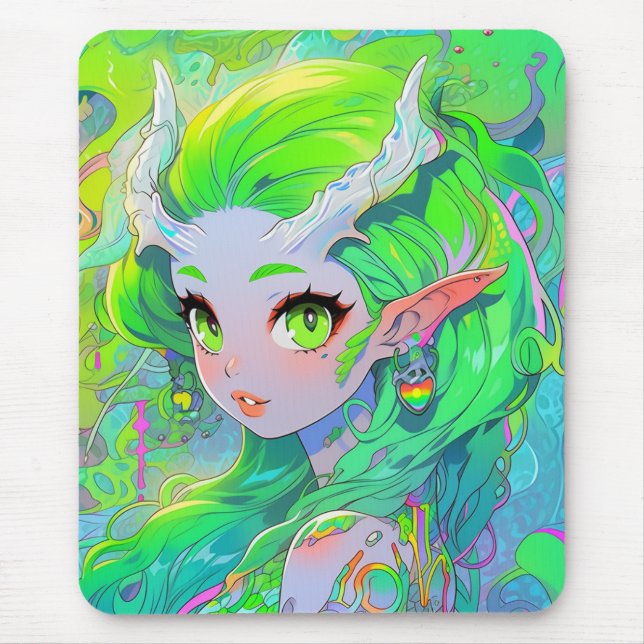 Mousepad Garota de Animação do Elfo da Madeira Verde (Frente)