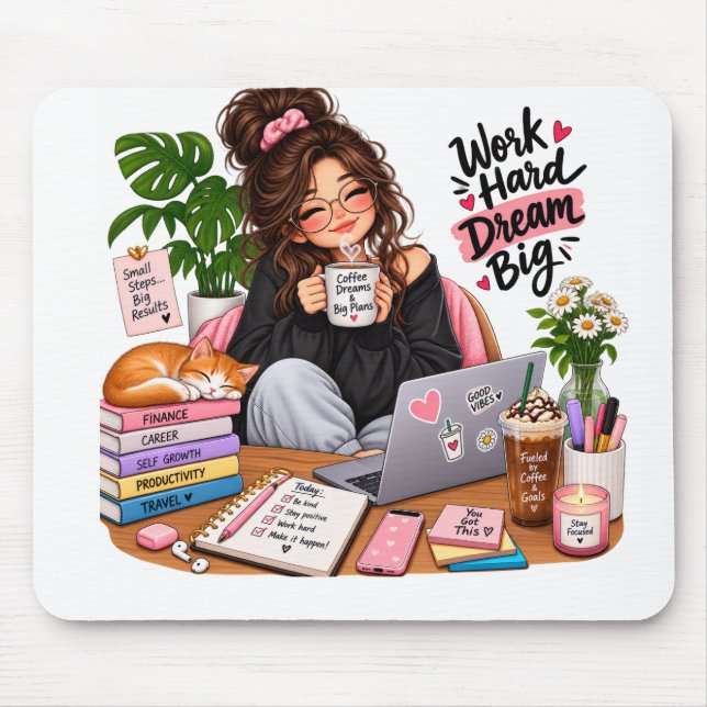 Mousepad Garota de Estudo de Café Aconchegante – Trabalhe D (Frente)