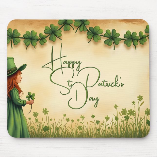 Mousepad Garota do Dia de São Patrício com Trevos (Frente)