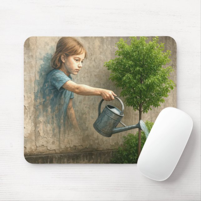 Mousepad Garota Grafite cuidando de uma árvore da cidade (Com mouse)